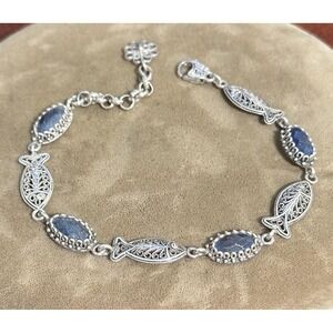 DGS Sterling Silver Filigree Fish Lapis Link Bracelet